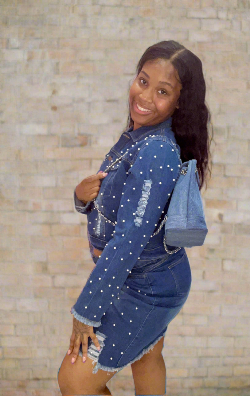 Pearl Glam Denim Skirt Sets